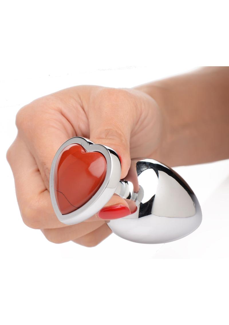 Booty Sparks Gemstones Red Jasper Heart Anal Plug - Metal/Red - Large