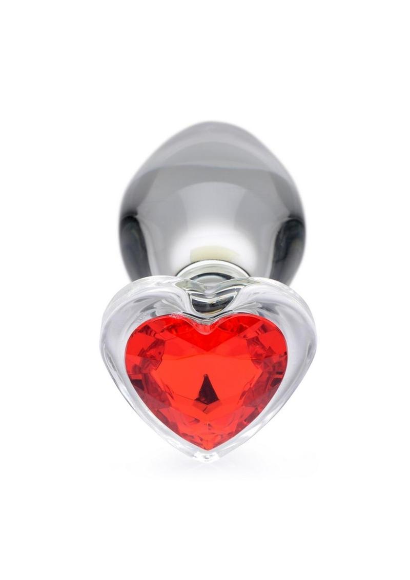 Booty Sparks Red Heart Gem Glass Anal Plug - Clear/Red - Large