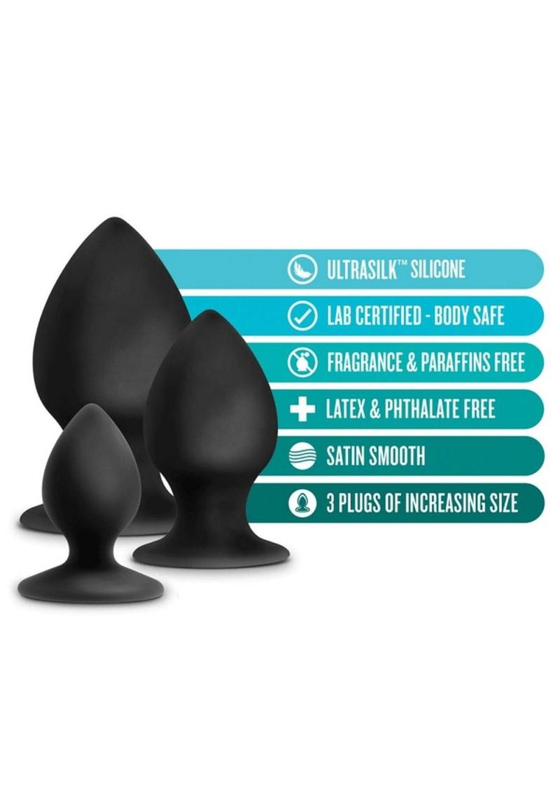 Anal Adventures Platinum Silicone Anal Stout Anal Plug Kit - Black - Set Of 3