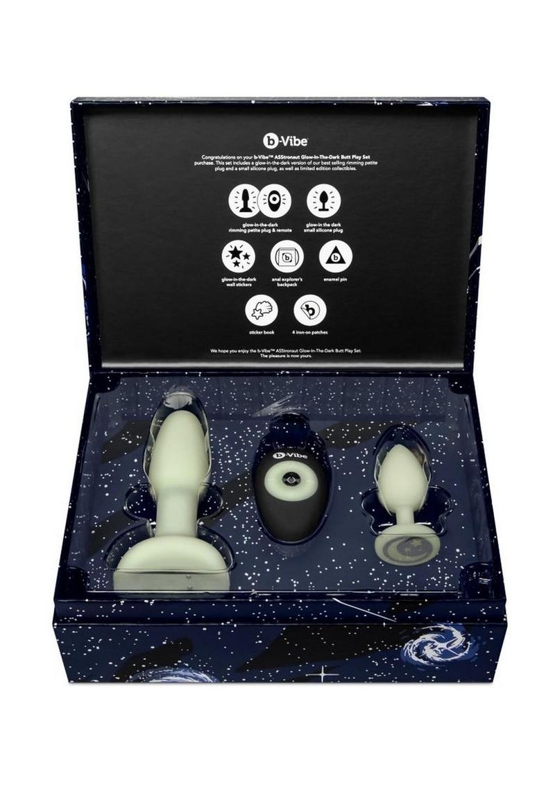 B-Vibe Asstronaut Glow In The Dark Rechargeable Silicone Anal Play Set with Remote - Frost