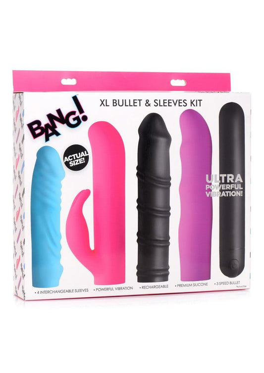 Bang! 4-In-1 XL Silicone Rechargeable Bullet Vibrator and Sleeve Kit - Multicolor