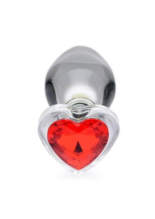 Booty Sparks Red Heart Gem Glass Anal Plug - Clear/Red - Large