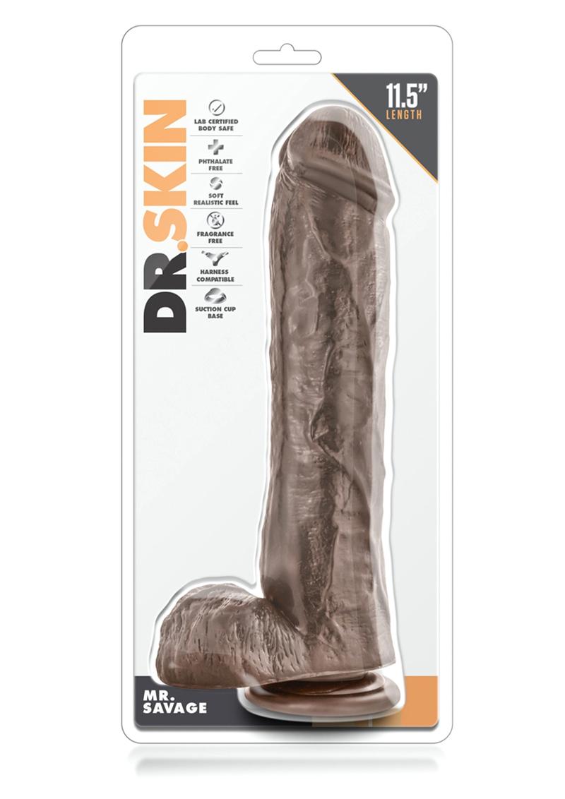 Dr. Skin Mr. Savage Dildo with Balls and Suction Cup - Chocolate - 11.5in