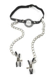 Fetish Fantasy O-Ring Gag with Nipple Clamps - Black/Silver