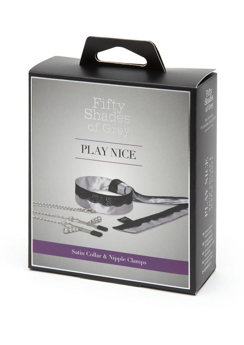 Fifty Shades Of Grey Play Nice Satin and Lace Collar Andamp; Nipple Clamps - Black/Silver