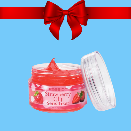 Jar of 'Strawberry Clit Sensitizer' with a red bow on a blue background