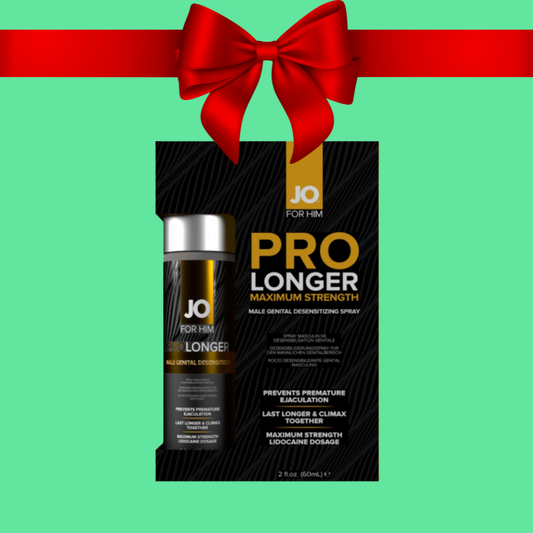 JO Pro Longer Maximum Strength product packaging with a red bow on a green background