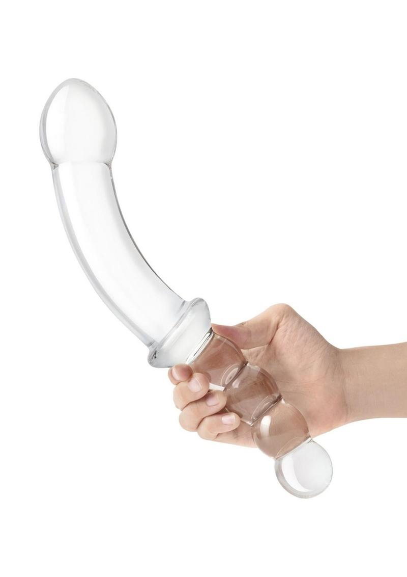 Glas Girthy Double Sided Glass Dong with Anal Bead Grip Handle - Clear - 12.5in