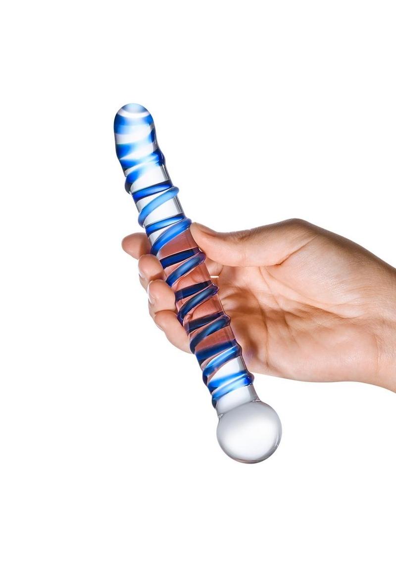 Glas Mr. Swirly G-Spot Glass Textured Dildo - Blue/Clear - 6.5in