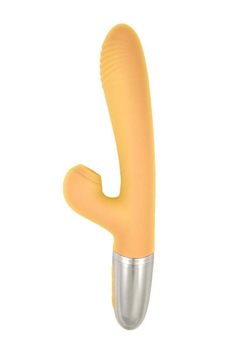 Goddess Tapping Thruster Rechargeable Silicone Vibrator with Clitoral Stimulator - Yellow