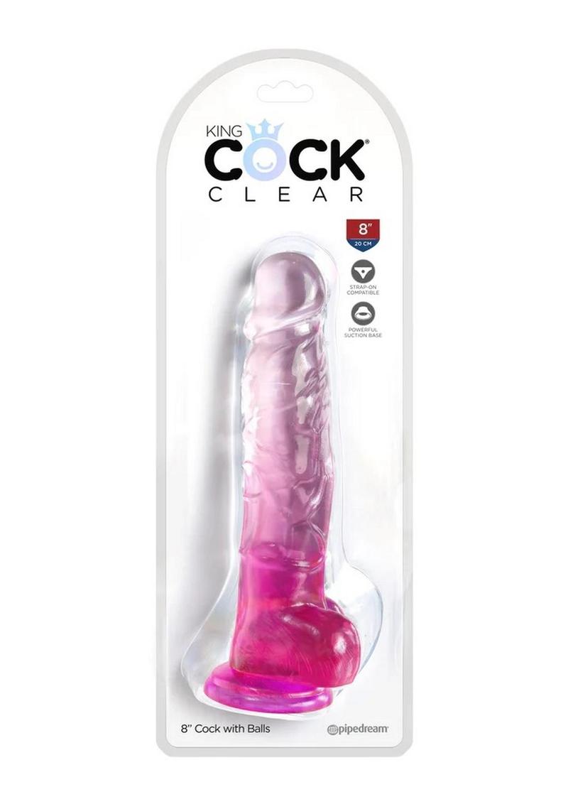 King Cock Clear Dildo with Balls - Clear/Pink - 8in