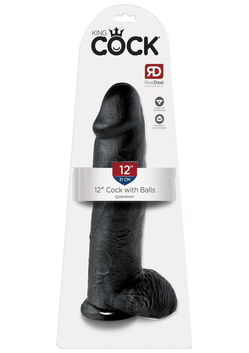 King Cock Dildo with Balls - Black - 12in