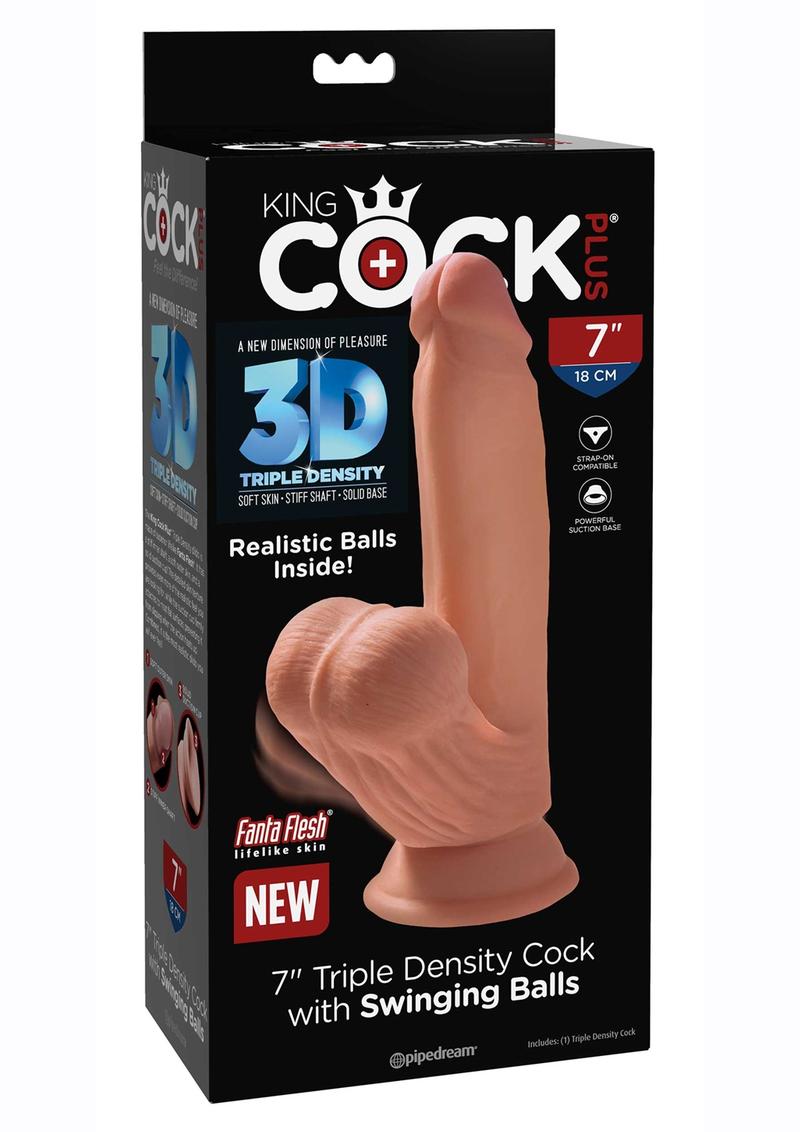 King Cock Plus Triple Density Dildo with Swinging Balls - Caramel - 7in