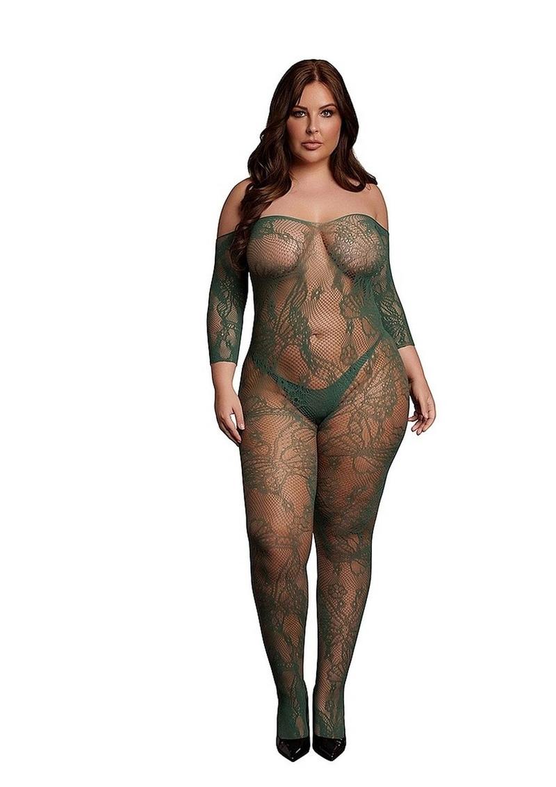 Le Desir Lace Long Sleeved Bodystocking - Green - Queen