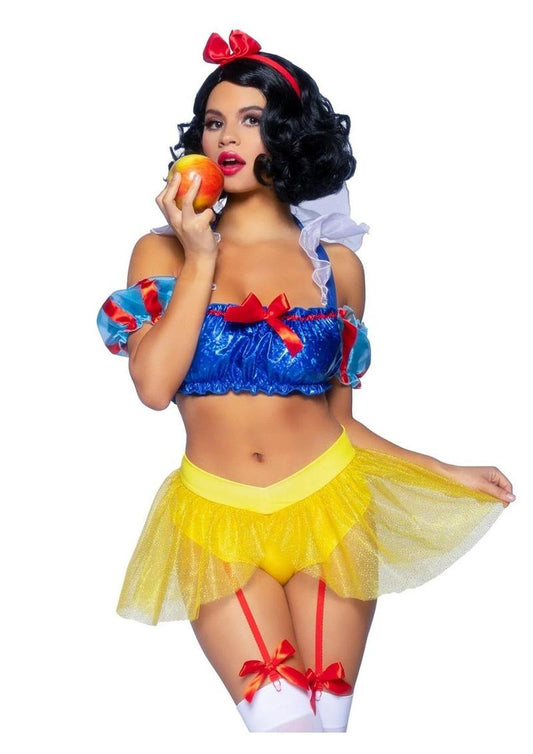 Leg Avenue Bad Apple Snow White, Shimmer Halter Bandeau with Organza Puff Sleeves and Ruffle Collar, Garter Panty with Shimmer Sheer Skirt, and Matching Bow Headband - Multicolor - XSmall - 3 Piece