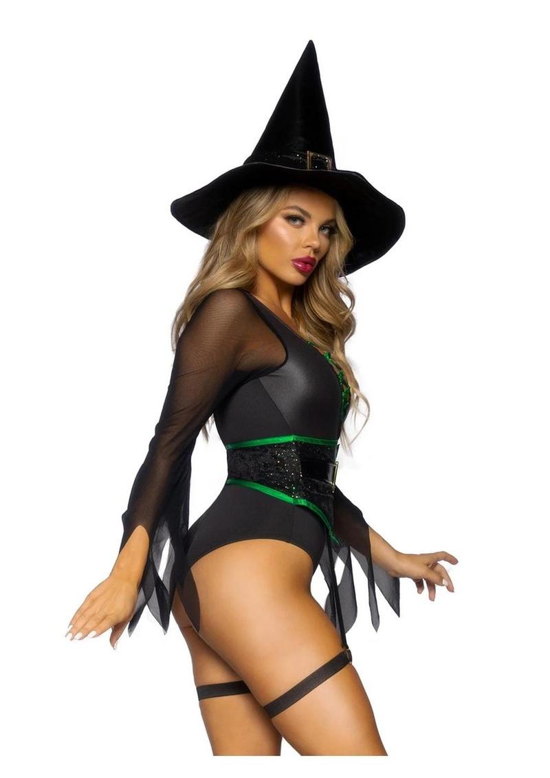 Leg Avenue Broomstick Babe Bodysuit with Lace Up Deep-V and Waist Cincher Buckle Accent, Attached Garters, and Witch Hat - Black - Large - 2 Piece