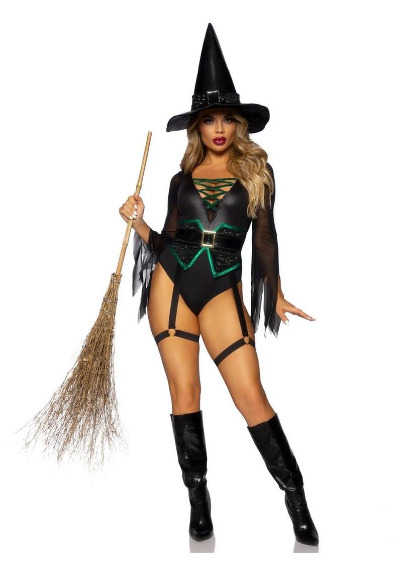 Leg Avenue Broomstick Babe Bodysuit with Lace Up Deep-V and Waist Cincher Buckle Accent, Attached Garters, and Witch Hat - Black - Medium - 2 Piece