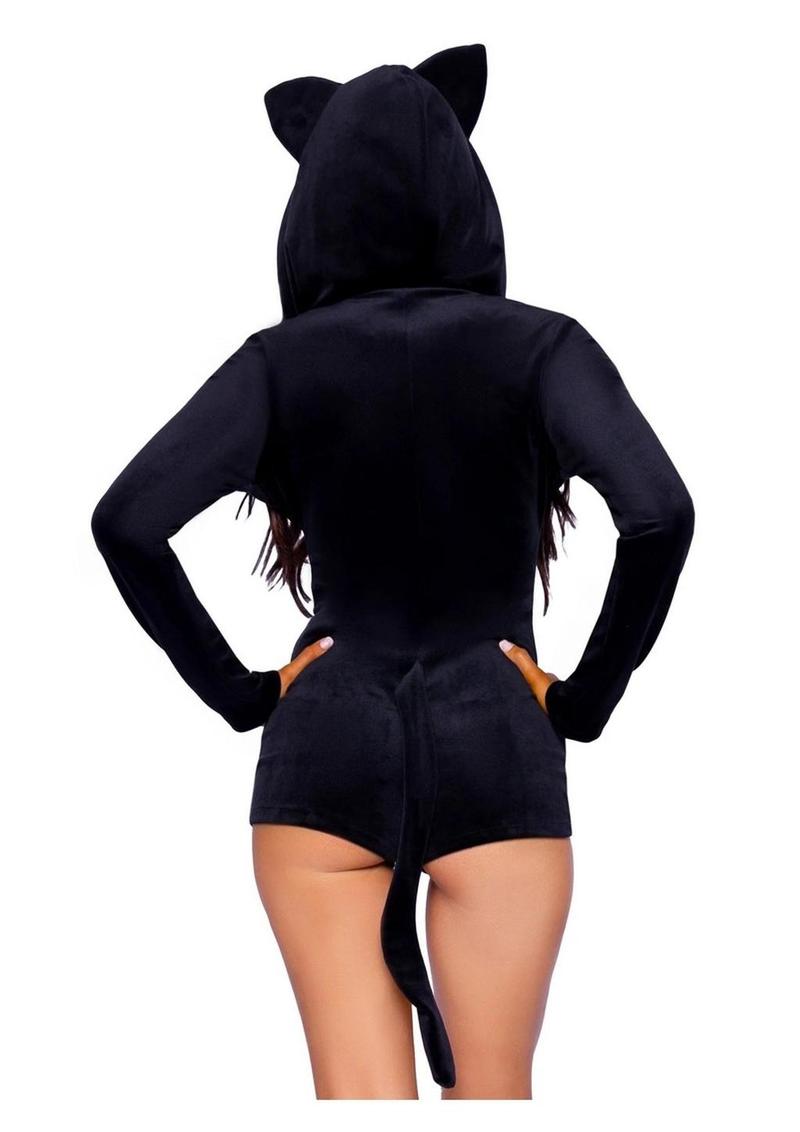 Leg Avenue Comfy Cat Ultra-Soft Velvet Plush Zip Up Romper with Bell Zipper Pull, Ear Hood, and Kitty Tail - Black - Small