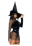 Leg Avenue Crafty Witch Snap Crotch Velvet Bodysuit with Distressed Net and Attached Garter, Choker Body Harness, and Matching Velvet Witch Hat