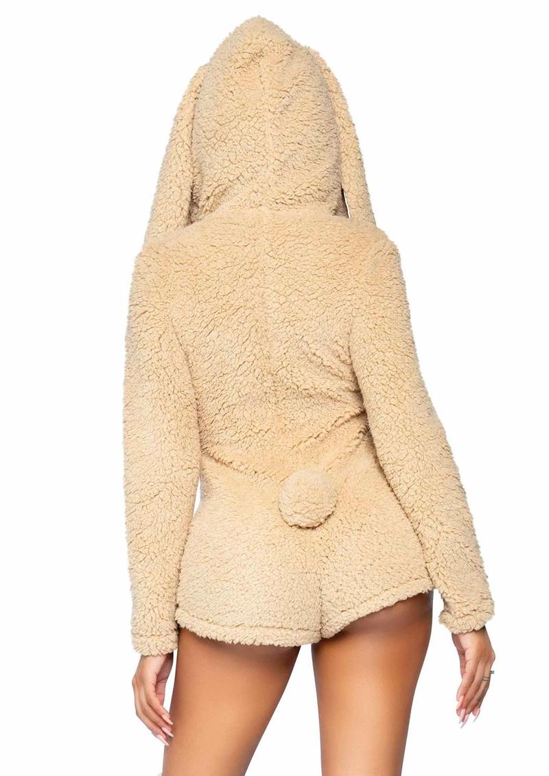 Leg Avenue Cuddle Bunny Ultra Soft Zip Up Teddy with Bunny Ear Hood and Cute Bunny Tail - Beige - Medium