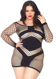 Leg Avenue Diamond Net Long Sleeved Mini Dress with Opaque Panel Accents - Black - Plus Size/Queen