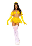 Leg Avenue Fairytale Beauty Glitter Shimmer Bra Top with Gathered Rosette Center and Puff Sleeves, High Waist Panty with Ribbon Pick-Up Skirt, Removable Clear Straps, and Matching Hair Ribbon - Yellow - Medium - 4 Piece