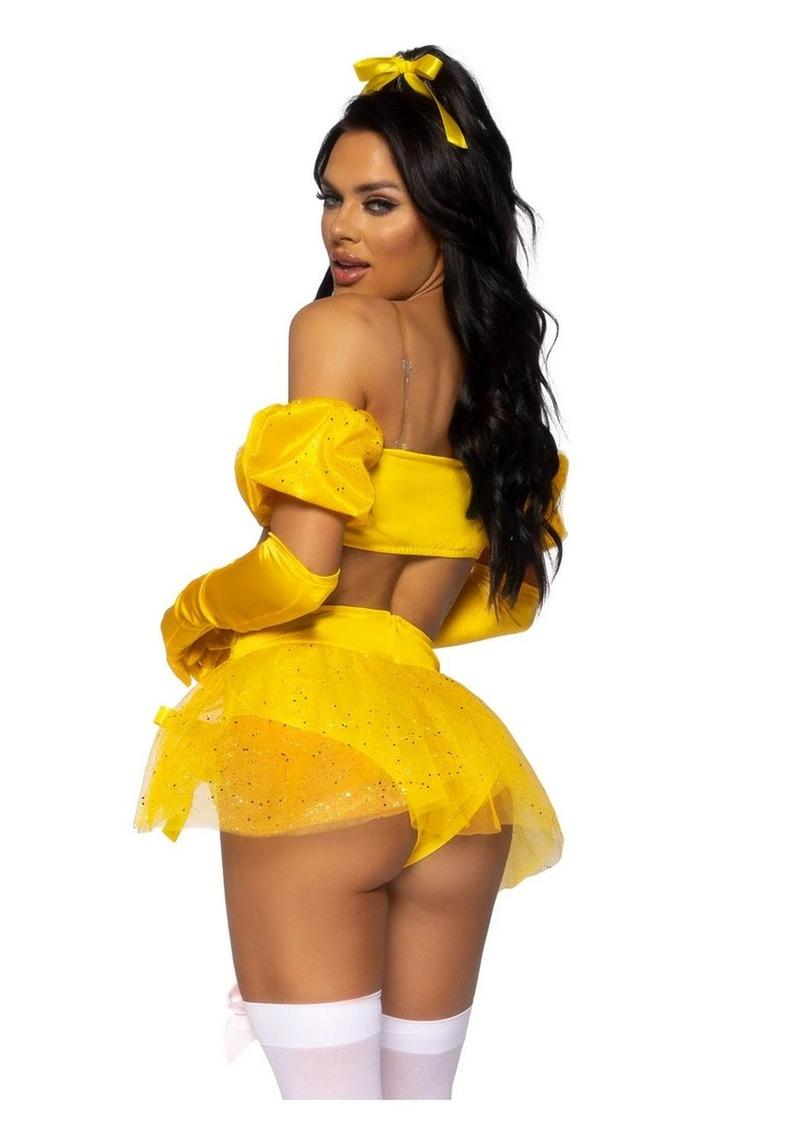 Leg Avenue Fairytale Beauty Glitter Shimmer Bra Top with Gathered Rosette Center and Puff Sleeves, High Waist Panty with Ribbon Pick-Up Skirt, Removable Clear Straps, and Matching Hair Ribbon - Yellow - Small - 4 Piece