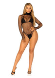 Leg Avenue Fishnet High Neck Long Sleeved Bodysuit with Snap Crotch