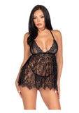 Leg Avenue Floral Lace Babydoll with Eyelash Lace Scalloped Hem Adjustable Cross-Over Straps and G-String Panty