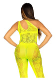 Leg Avenue Floral Lace Convertible Footless Bodystocking with Opaque Panel Detail - Neon Yellow/Yellow - One Size