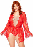 Leg Avenue Floral Lace Teddy with Adjustable Straps and Cheeky Thong Back, Matching Lace Robe with Scalloped Trim and Satin Tie - Red - Queen/XLarge/XXLarge - 3 Pieces