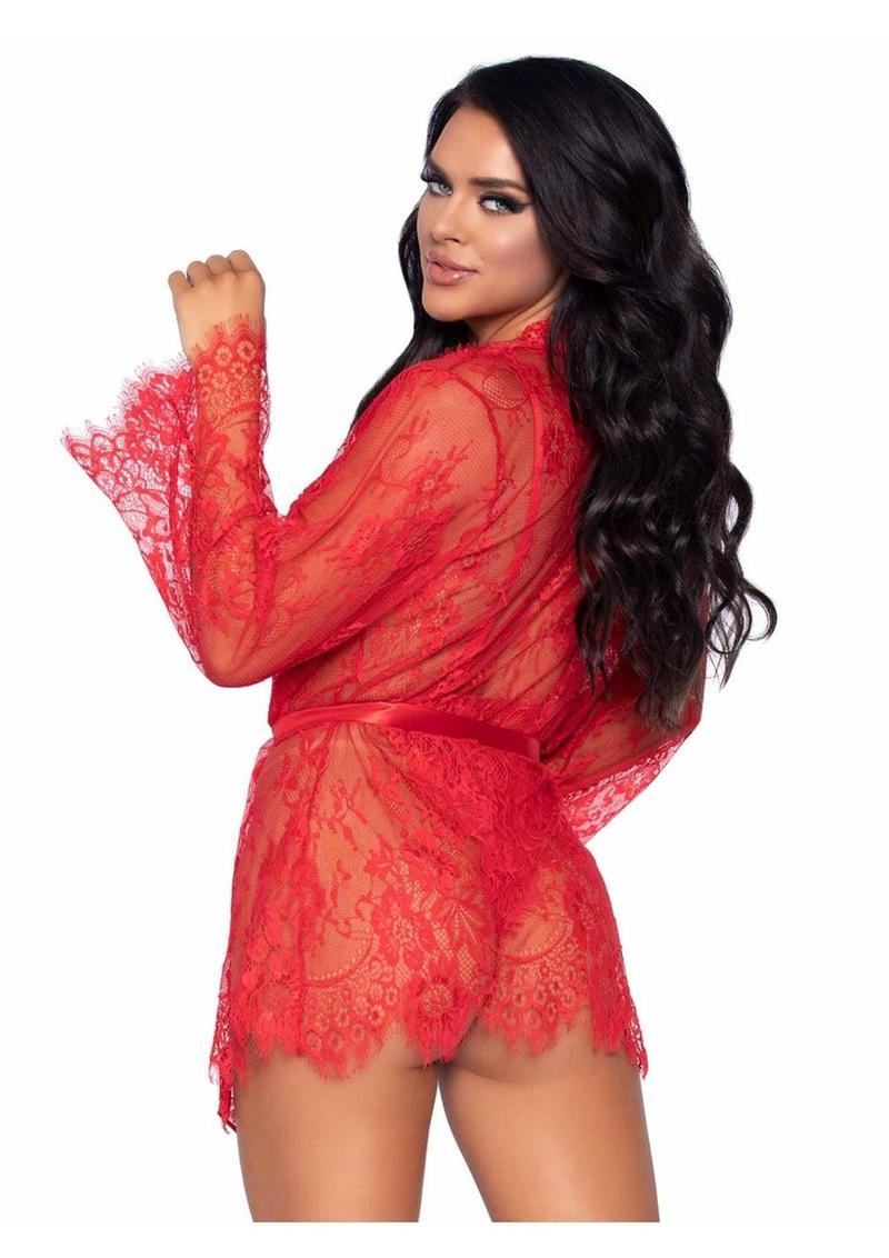 Leg Avenue Floral Lace Teddy with Adjustable Straps and Cheeky Thong Back Matching Lace Robe with Scalloped Trim and Satin Tie - Red - Medium