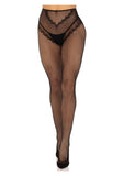 Leg Avenue French Cut Crotchless Fishnet Tights with Heart Backseam and Faux Lace Up Back - Black - One Size