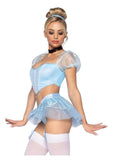 Leg Avenue Glass Slipper Cinderella Boned Sweetheart Crop Top with Organza Sleeves, Garter Panty with Shimmer Sheer Skirt, Ribbon Choker, and Matching Hair Band