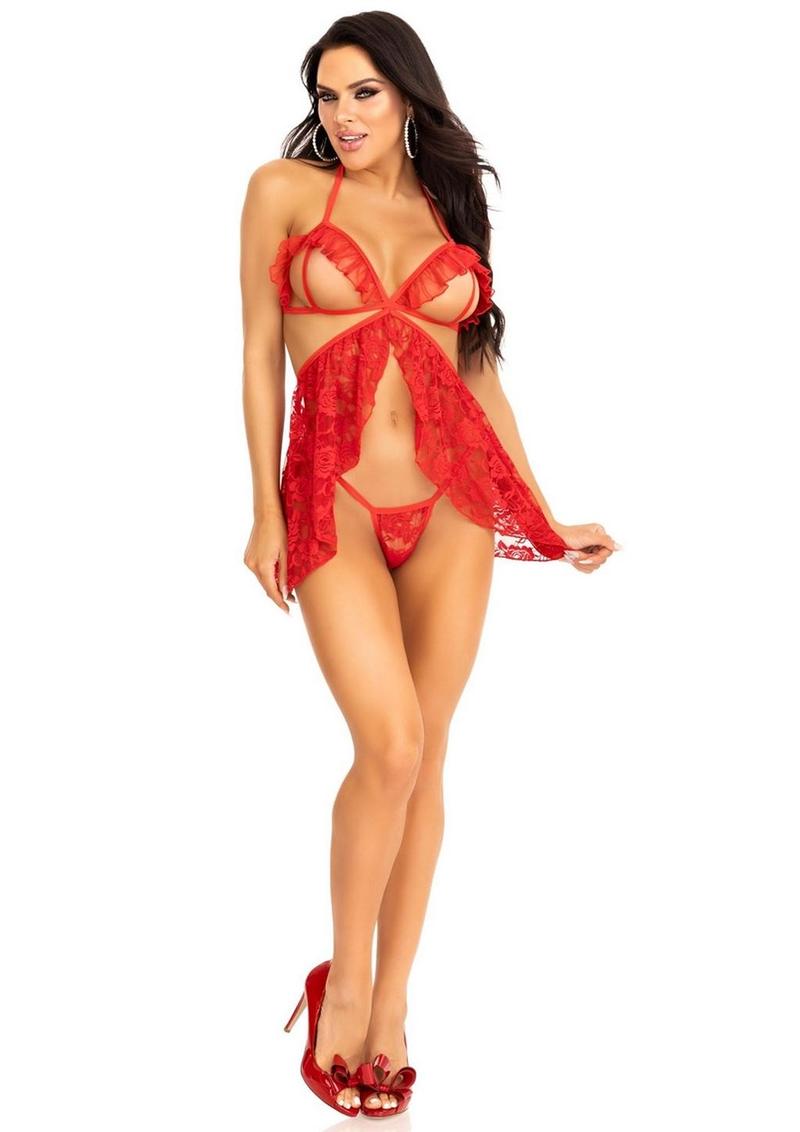 Leg Avenue Lace Flyaway Babydoll with Ruffle Peek-A-Boo Cups and Lace G-String - Red - Small - 2 Piece