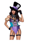 Leg Avenue Mischievous Mad Hatter Garter Bodysuit with Strappy Deep-V and Puff Sleeves, Bow Collar, and Mad Hatter Hat - Multicolor - Small - 3 Piece