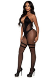 Leg Avenue Opaque and Sheer Keyhole Twist Halter Bodystocking - Black - One Size