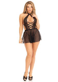 Leg Avenue Plunging Lace Halter Babydoll with Sheer Skirt and Lace G-String - Black - Small - 2 Piece