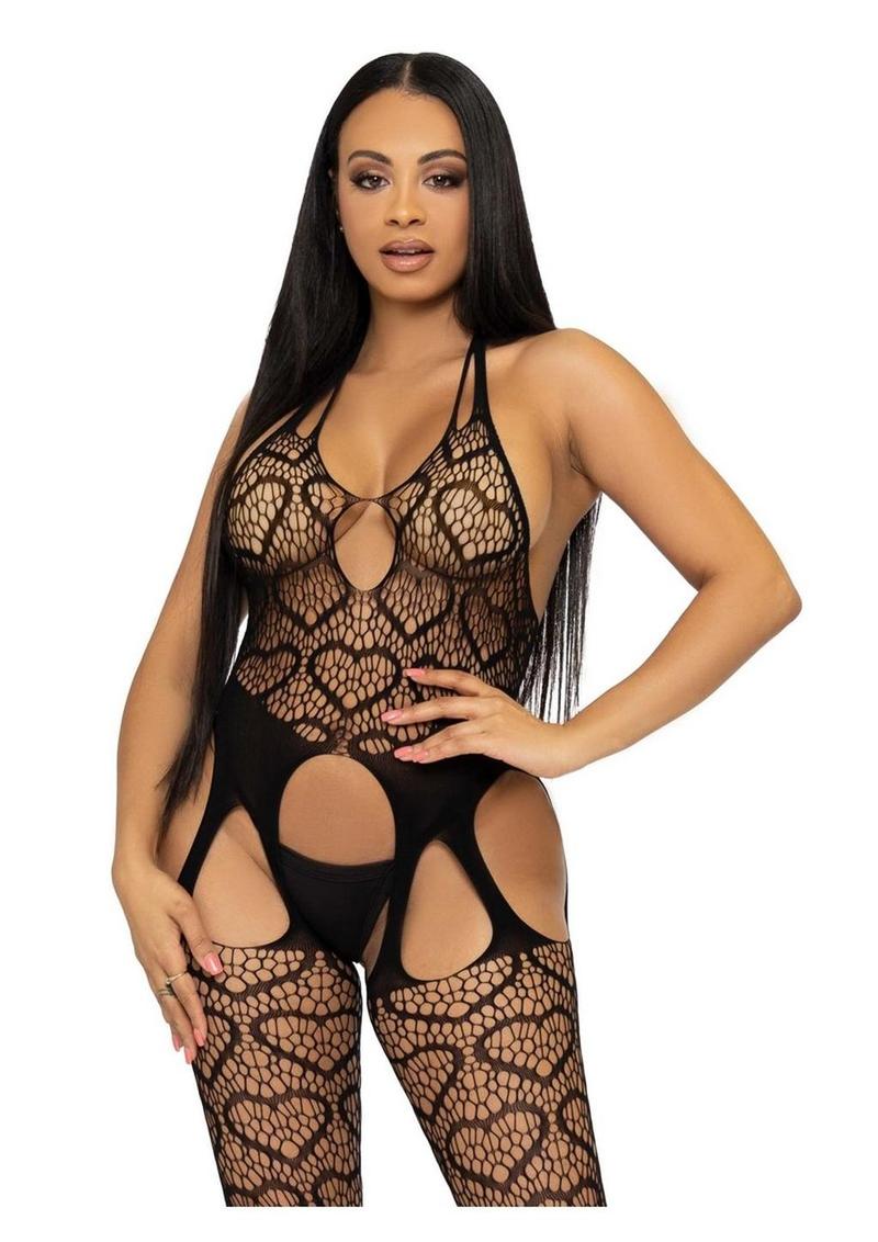 Leg Avenue Seamless Heart Net Suspender Bodystocking - Black - One Size