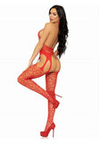 Leg Avenue Seamless Heart Net Suspender Bodystocking - Red - One Size