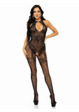 Leg Avenue Seamless Rhinestone Fishnet Bodystocking with Keyhole and Lace Lingerie Detail - Black - One Size