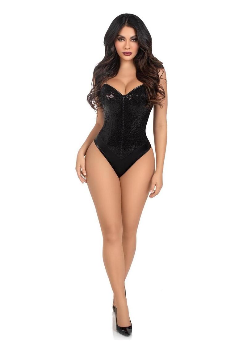 Leg Avenue Sequin Boned Snap Crotch Bodysuit with Detachable Clear Strap - Black - Large - 2 Piece