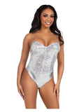 Leg Avenue Sequin Boned Snap Crotch Bodysuit with Detachable Clear Strap - Silver - Large - 2 Piece