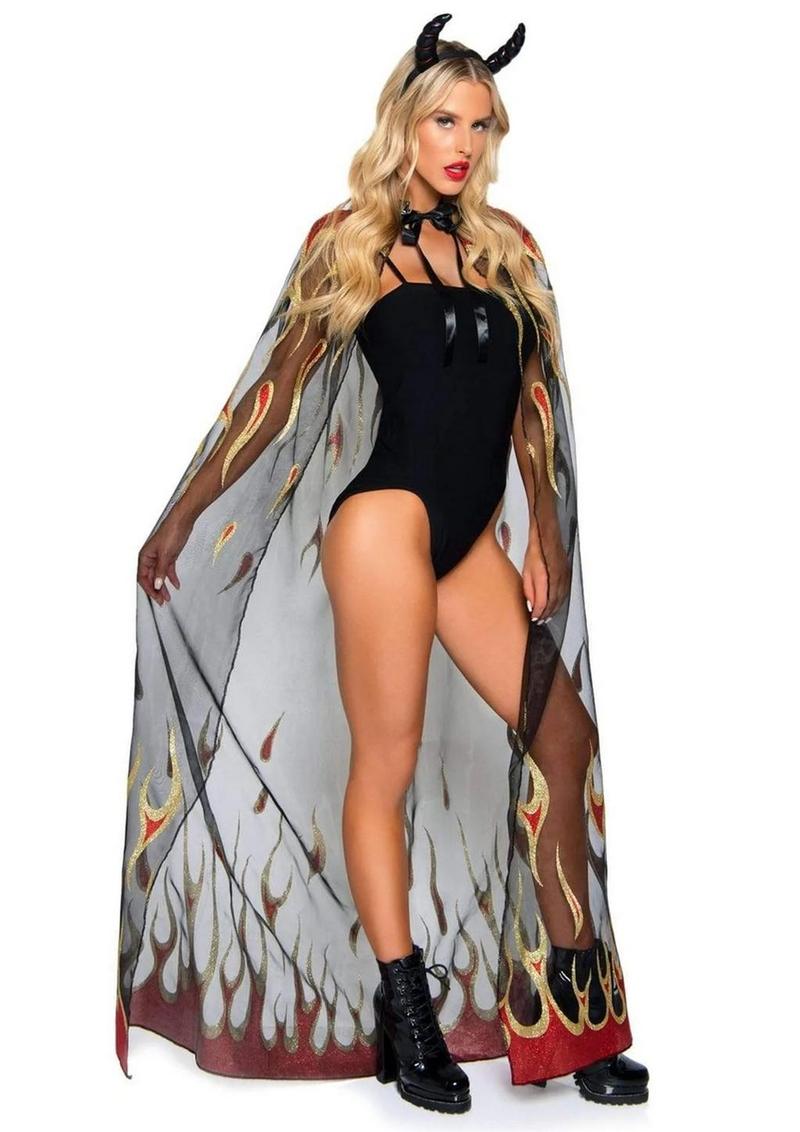 Leg Avenue Sheer Glitter Flame Devil Cape and Devil Horns - Black - One Size - 2 Piece