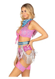 Leg Avenue Space Cowgirl Set Bandana Print Tie Front Crop Top with Fringe Trim, High Waist Bottoms with Attached Chaps, Belt with Fringe Detail, and Neck Bandana - Multicolor - Small - 4 Piece