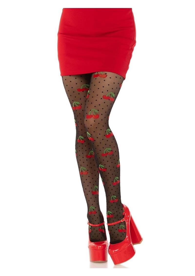 Leg Avenue Spandex Sheer Polka Dot Cherry Tights - Black - One Size