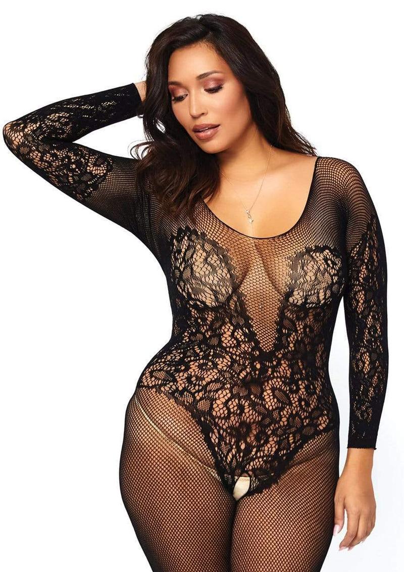 Leg Avenue Vine Lace and Net Long Sleeved Bodystocking - Black - Plus Size/Queen