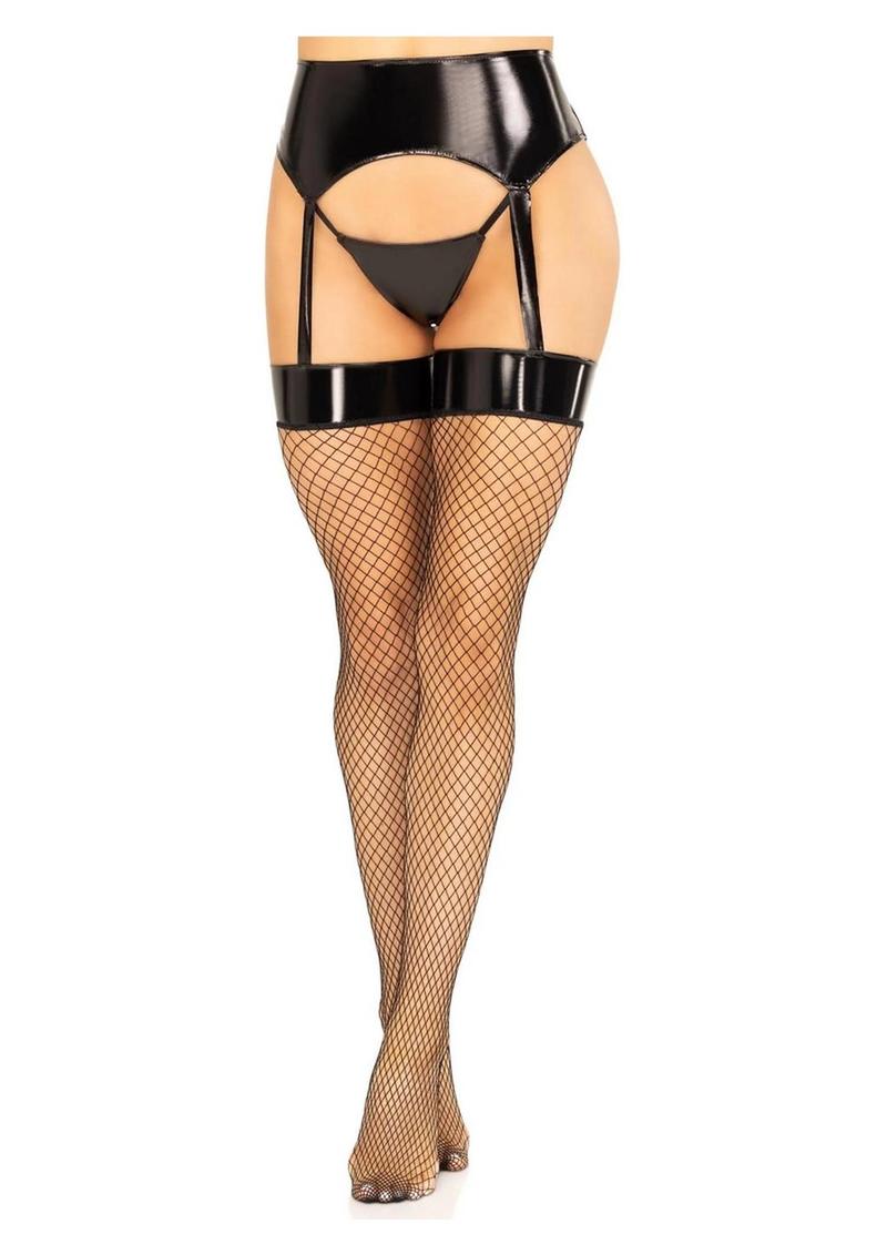 Leg Avenue Vinyl Garter Belt with Attached Fishnet Stockings and Matching G-String Panties - Black - Large/Medium - 2 Piece