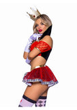 Leg Avenue Wicked Wonderland Queen Tow-Tone Boned Crop Top with Stay Up Collar and Broach Accent, Garter Panty with Peplum Skirt, and Crown Headband