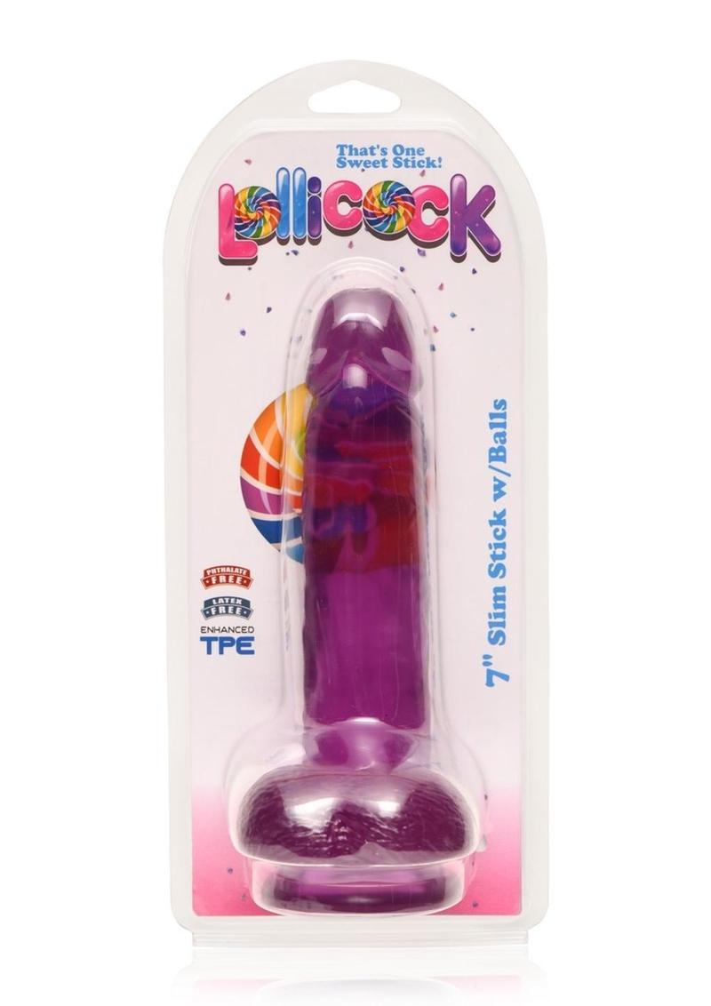 Lollicock Slim Stick Dildo with Balls - Grape Ice/Purple - 7in